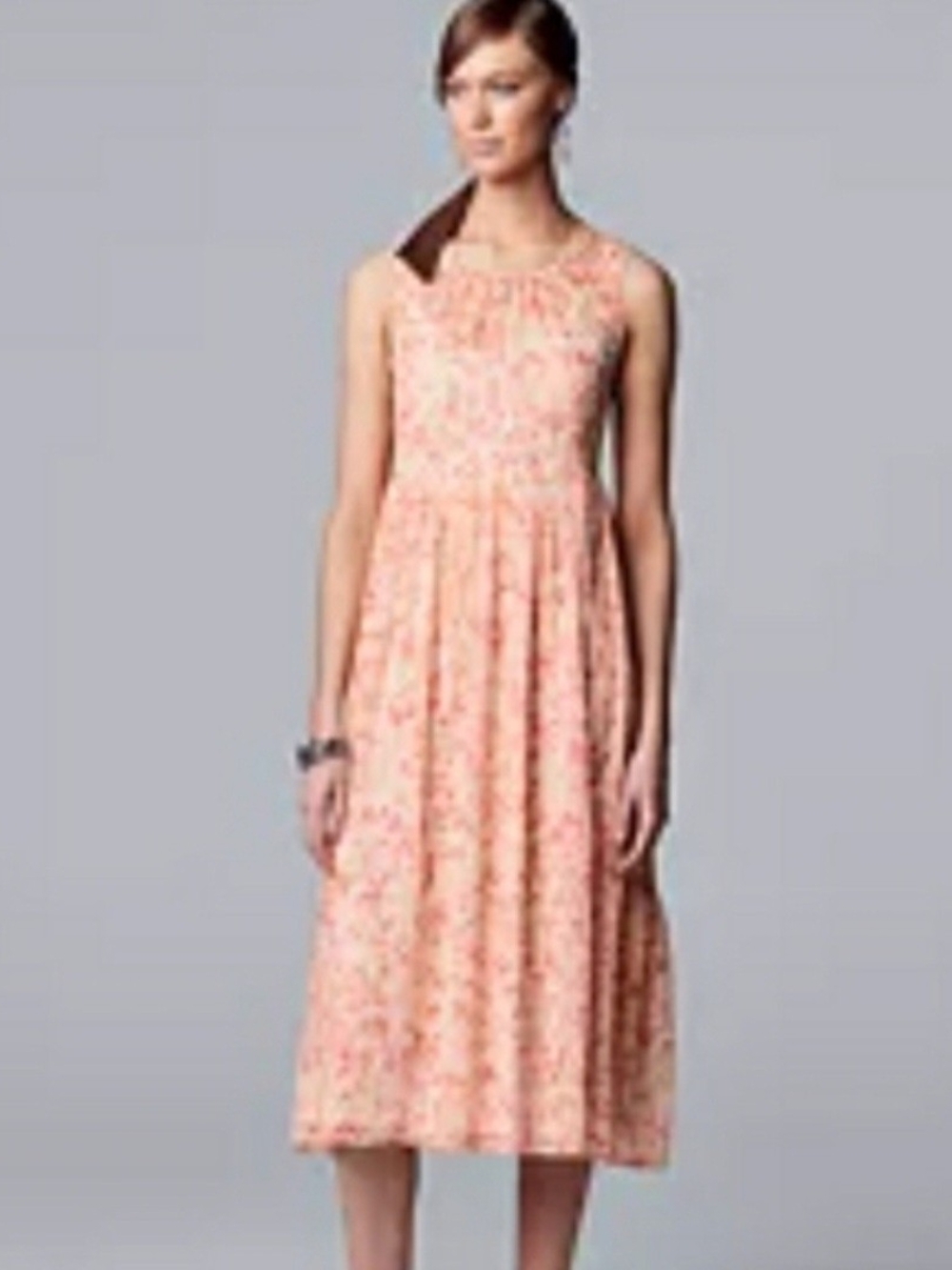 Vera Wang Peach Floral Sleeveless Midi Dress - Picture 3 of 10